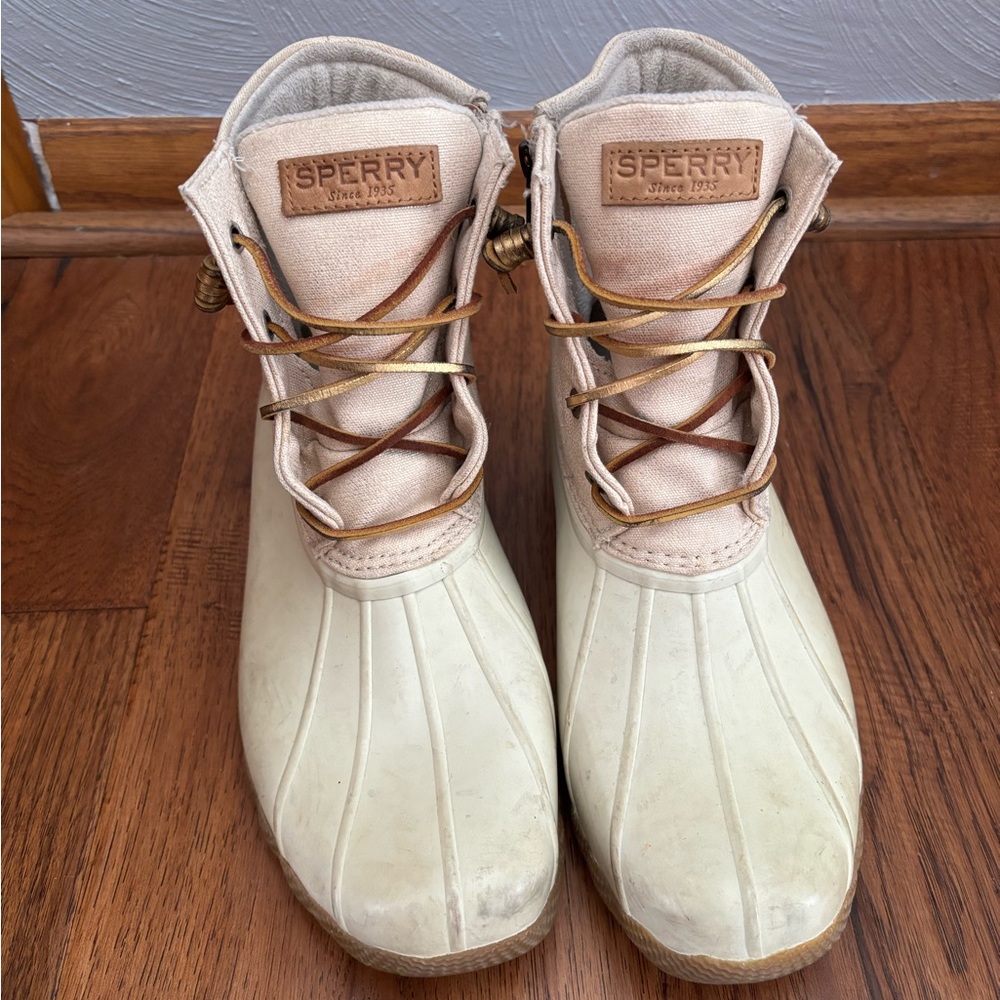 Sperry Duck Boots Waterproof Shimmer Pink and Cream